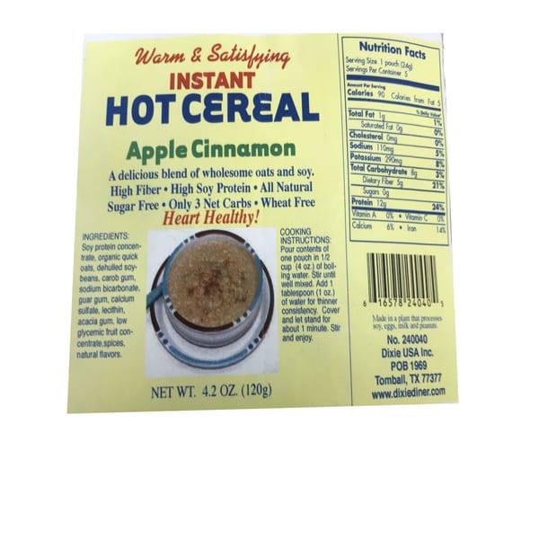 Dixie USA Carb Counters Low Carb apple cinnamon Instant Hot Cereal Breakfast Cereal 4.2 oz. All natural, Wheat Free, Low carb, High Soy Protein Heart Healthy.