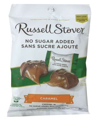 Russell Stover No Sugar Added Caramel 85g. Caramel in no Sugar added Milk Chocolate, Handcrafted in Small Batches, Made With Stevia Leaf, Guarantee of Quality & Freshness.