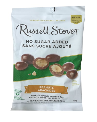 Russell Stover No Sugar Added Peanuts 102g. Roasted Peanuts Covered in no Sugar added Milk Chocolate, Handcrafted in Small Batches, Made With Stevia Leaf, Guarantee of Quality & Freshness.