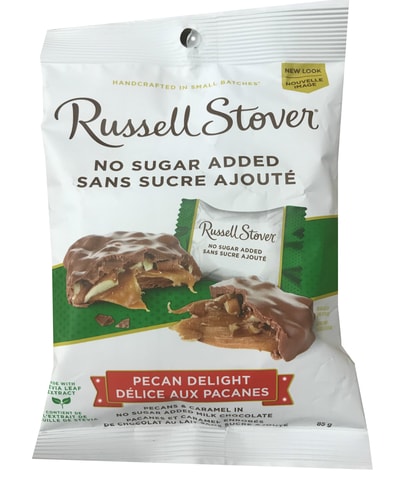 Russell Stover No Sugar Added Pecan Delight. Pecans & Caramel in no Sugar added Milk Chocolate, Handcrafted in Small Batches, Made With Stevia Leaf, Guarantee of Quality & Freshness.