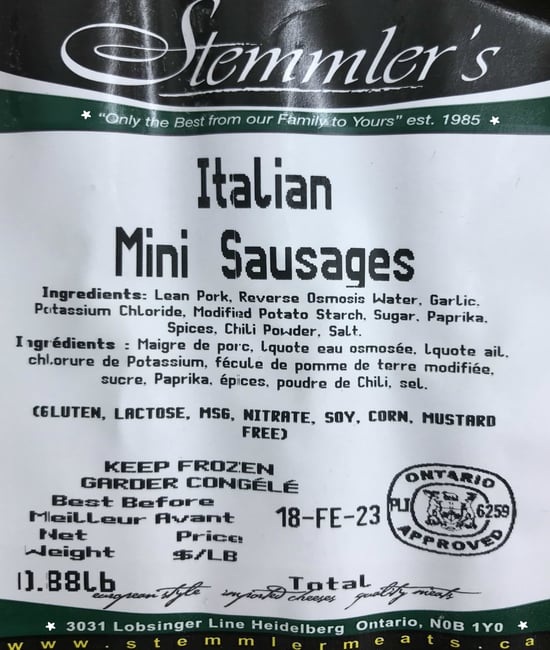 Stemmler's Italian Mini Sausages 0.88lb. Gluten Free, MSG Free, Lactose Free, Soy Free, Corn Free, Nitrate Free, Mustard  Free