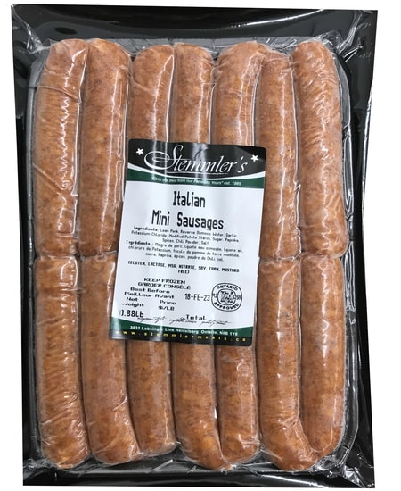Stemmler's Italian Mini Sausages 0.88lb. Gluten Free, MSG Free, Lactose Free, Soy Free, Corn Free, Nitrate Free, Mustard  Free