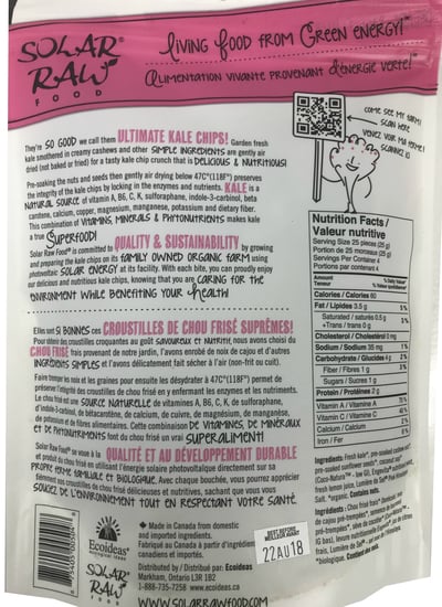 Solar Raw Food Ultimate Kale Chips Pink Salt 100g nutrition facts