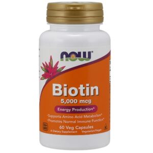 Now Biotin 5,000 mcg Veg Capsules 60 Veg Capsules. A Dietary Supplement, Nut Free, Soy Free, Non GMO, Egg Free, Dairy Free, Sugar Free, Low Sodium, Vegan/Vegetarian, Halal, Kosher