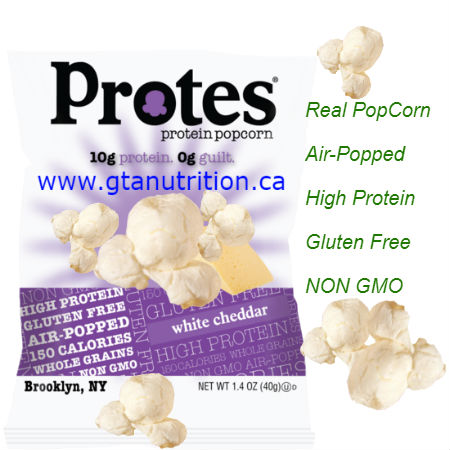 Protes Protein Popcorn Protes Protein Snack White Cheddar 40g. It is Boosted With Whey Protein. 10g Protein 0g Guilt. Kosher