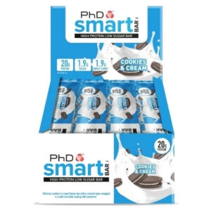 PhD Smart Bar - PhD Smart Bar - Cookies & Cream 64g . Smart Bar contains a super-soft protein centre that is coated in gooey caramel and protein crispies which truly delivers that satisfying crunch texture when you take a bite.