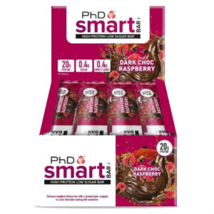 PhD Smart Bar - Dark Chocolate Raspberry 64g . Smart Bar contains a super-soft protein centre that is coated in gooey caramel and protein crispies which truly delivers that satisfying crunch texture when you take a bite
