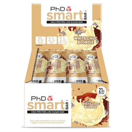 PhD Smart Bar - White Chocolate Blondie 64g. Smart Bar contains a super-soft protein centre that is coated in gooey caramel and protein crispies which truly delivers that satisfying crunch texture when you take a bite.