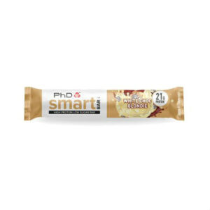 PhD Smart Bar - White Chocolate Blondie 64g. The  Smart Bar is perfect for on-the-go snacking. Still delivering the same great taste with 21g rams of quality protein and only 2.1g sugar, you can enjoy the comfort of a chocolate bar whilst keeping your macros intact. Smart Bar contains a super-soft protein centre that is coated in gooey caramel and protein crispies, which truly delivers a satisfying texture and taste.