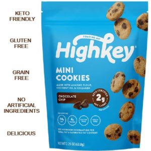 High Key Low Carb Mini Cookies Chocolate Chip 56.6g. Keto friendly, low carb, High protein, gluten free, grain free, No artificial flavours...